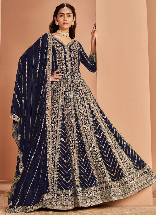 Blue Faux Georgette Embroidered Anarkali Suit