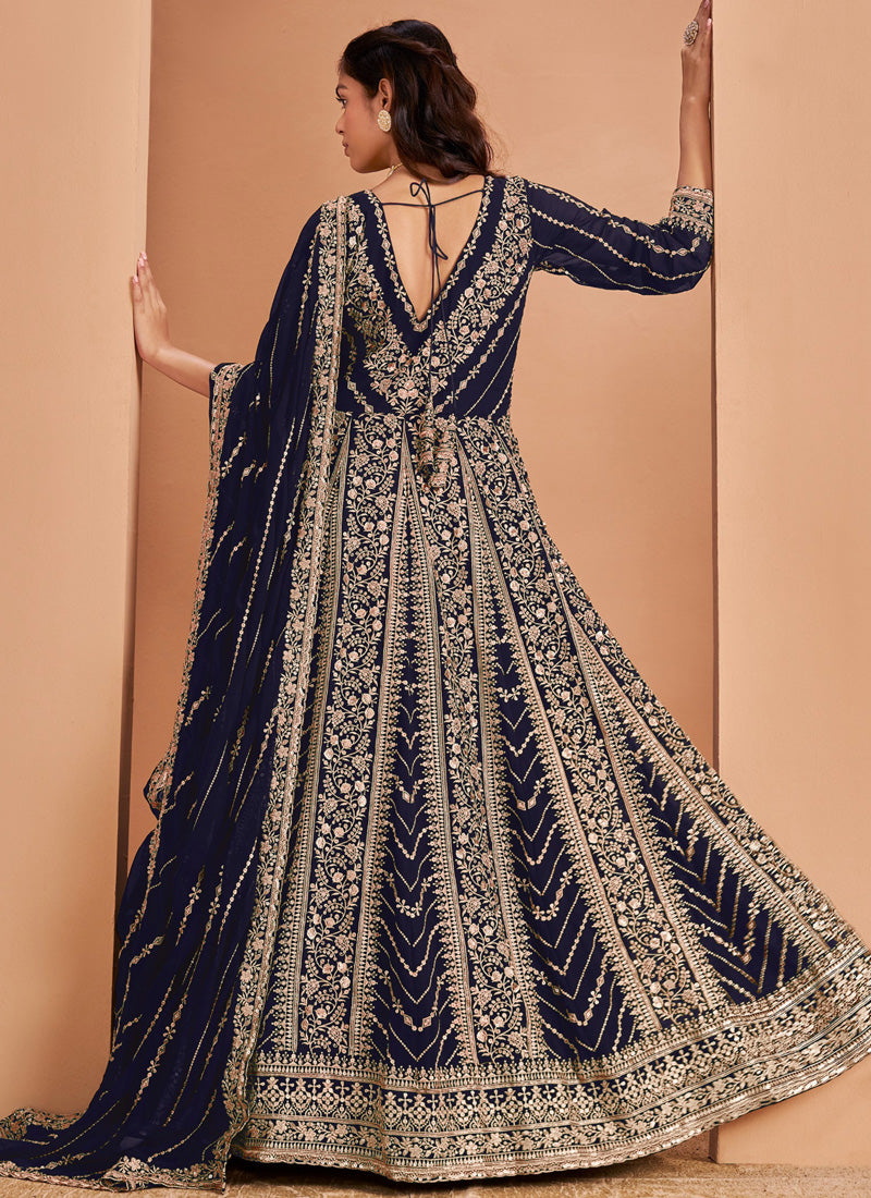 Blue Faux Georgette Embroidered Anarkali Suit