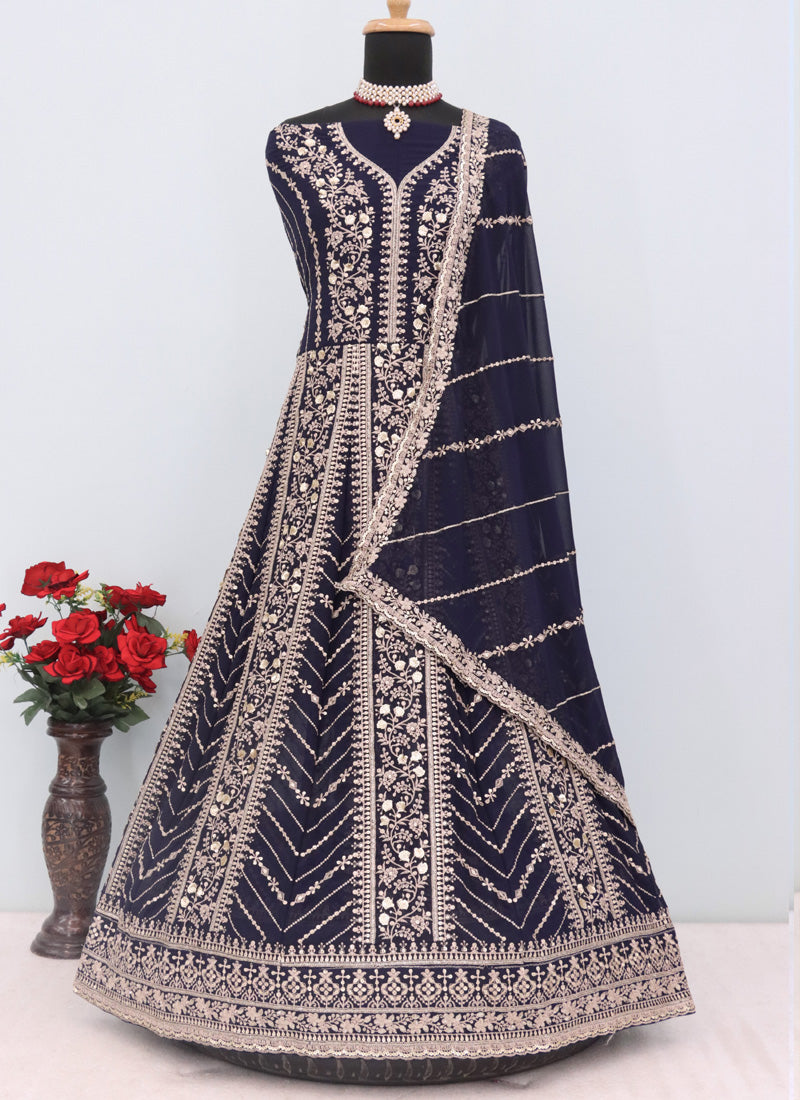 Blue Faux Georgette Embroidered Anarkali Suit