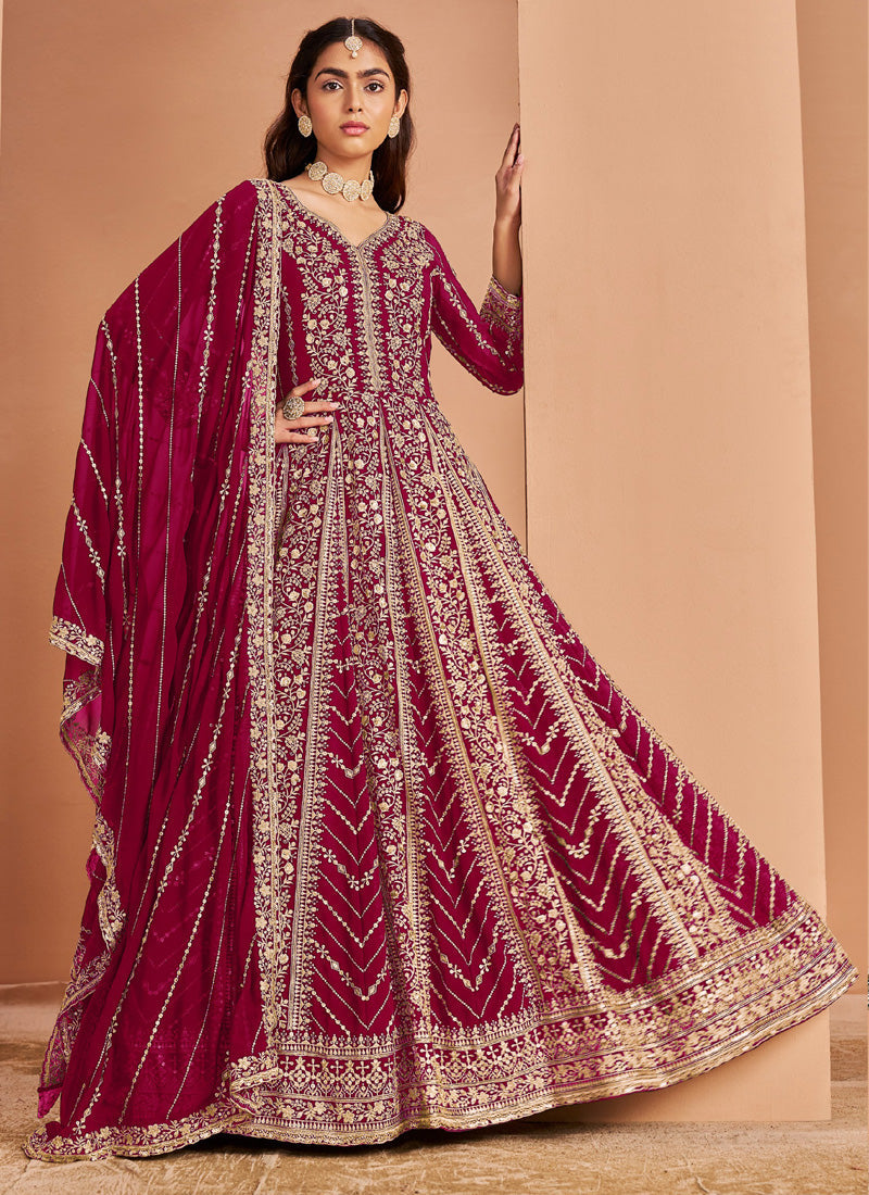 Maroon Faux Georgette Embroidered Anarkali Suit
