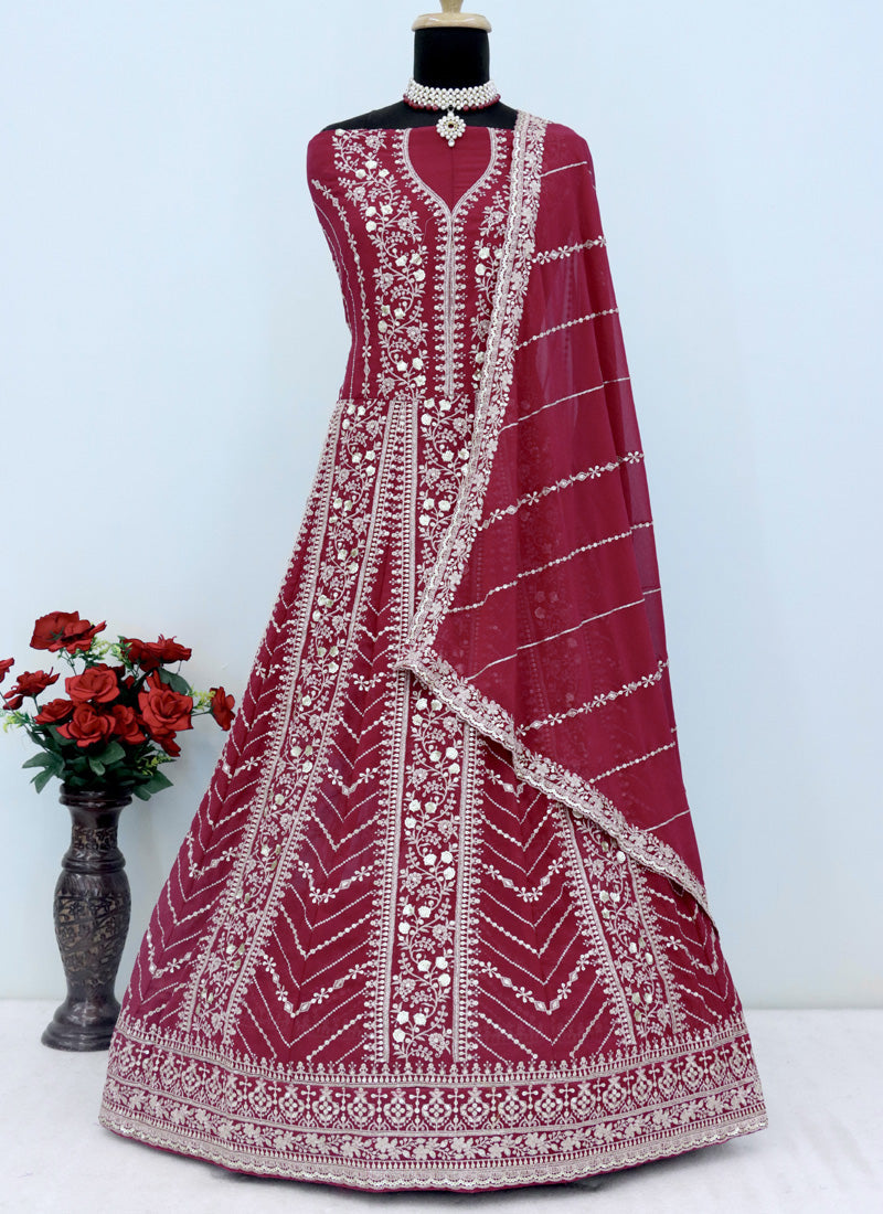 Maroon Faux Georgette Embroidered Anarkali Suit