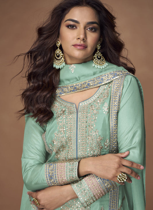 Sea Green Organza  Shimmer Silk Embroidered Palazzo Suit