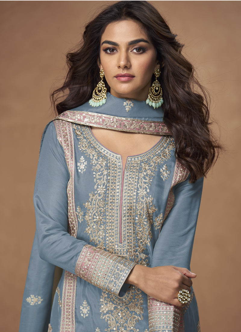 Grey Organza  Shimmer Silk Embroidered Palazzo Suit