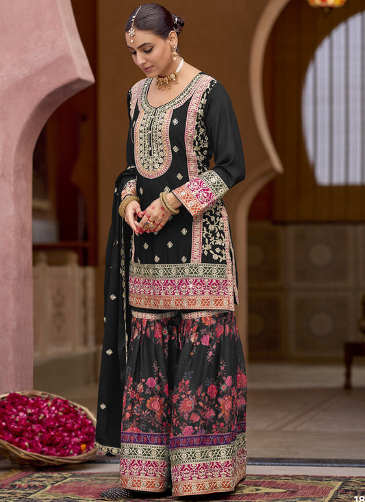 Black Chinon Silk Embroidered Sharara Suit