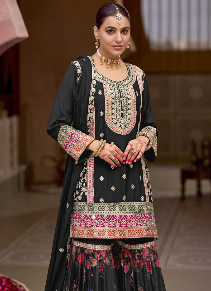Black Chinon Silk Embroidered Sharara Suit
