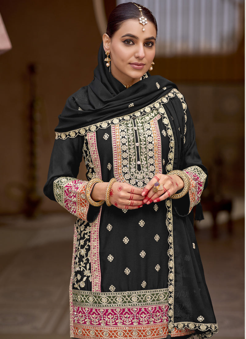 Black Chinon Silk Embroidered Sharara Suit