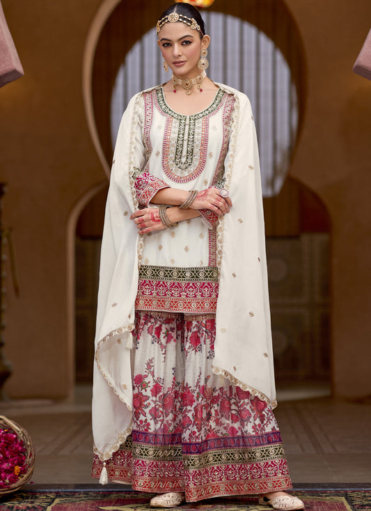 White Chinon Silk Embroidered Sharara Suit