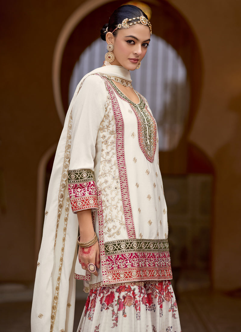 White Chinon Silk Embroidered Sharara Suit