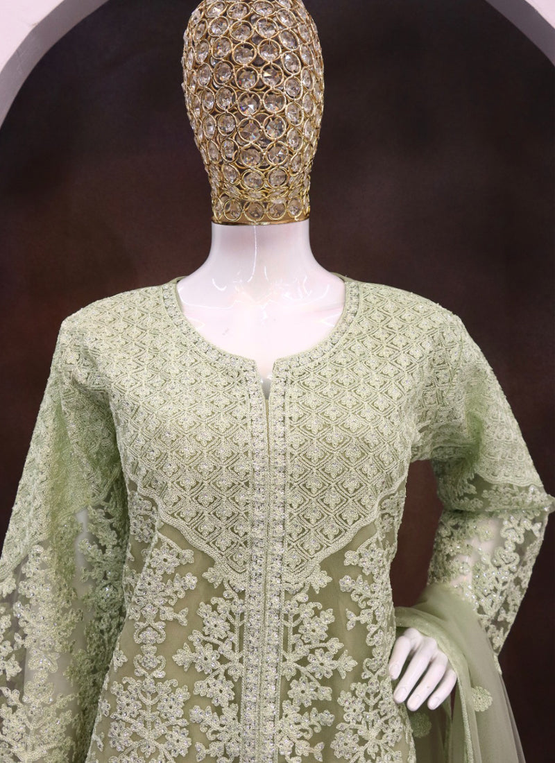Lime Green Net Embroidered Sequence Designer Palazzo Suit