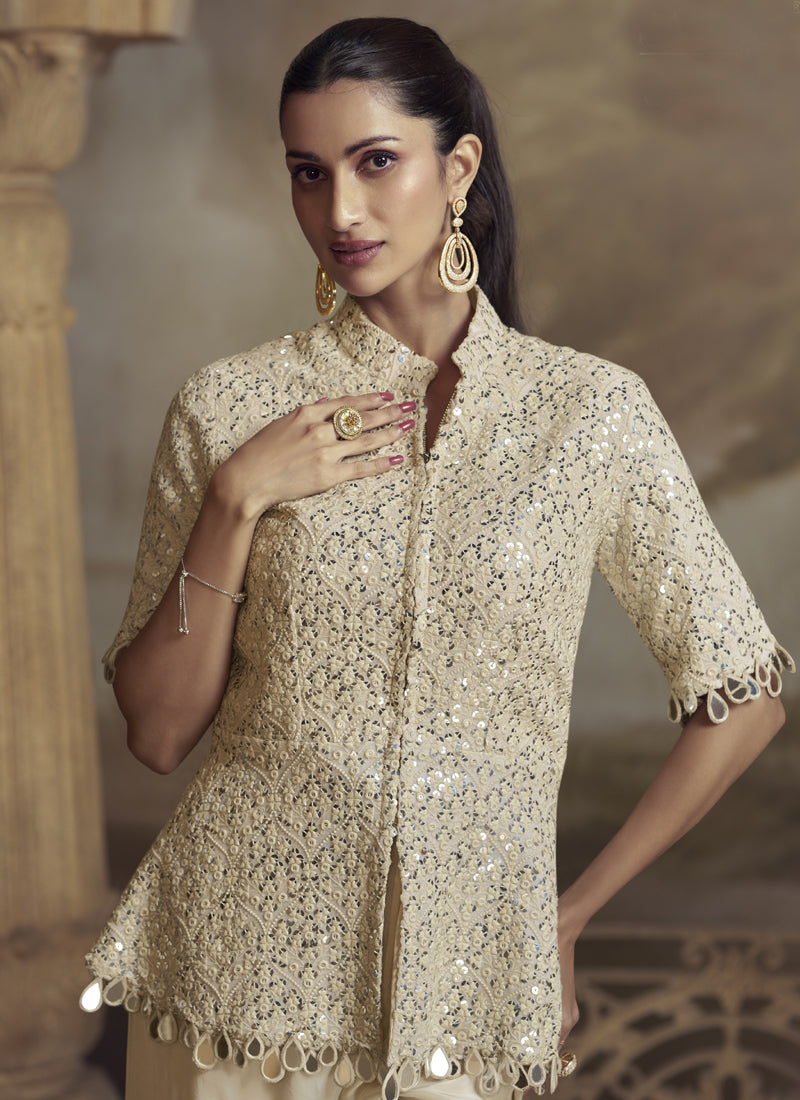 Cream Georgette Embroidered Palazzo Suit