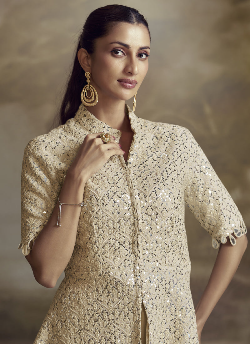 Cream Georgette Embroidered Palazzo Suit