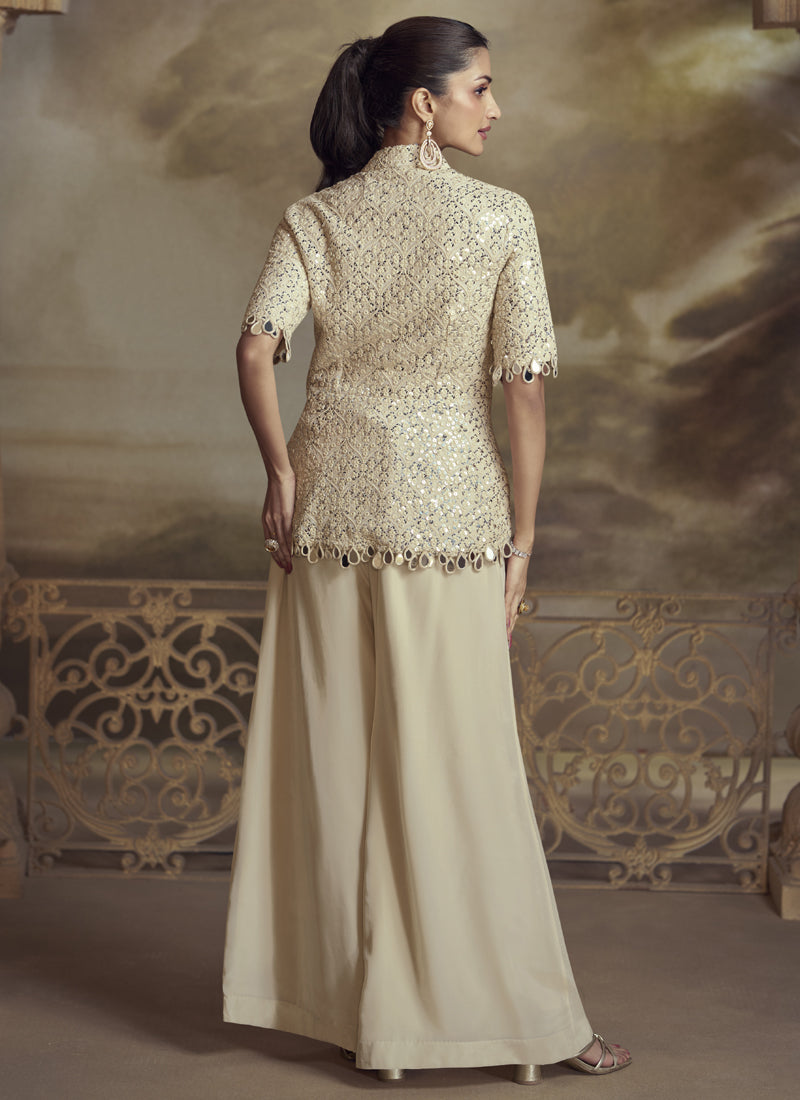 Cream Georgette Embroidered Palazzo Suit