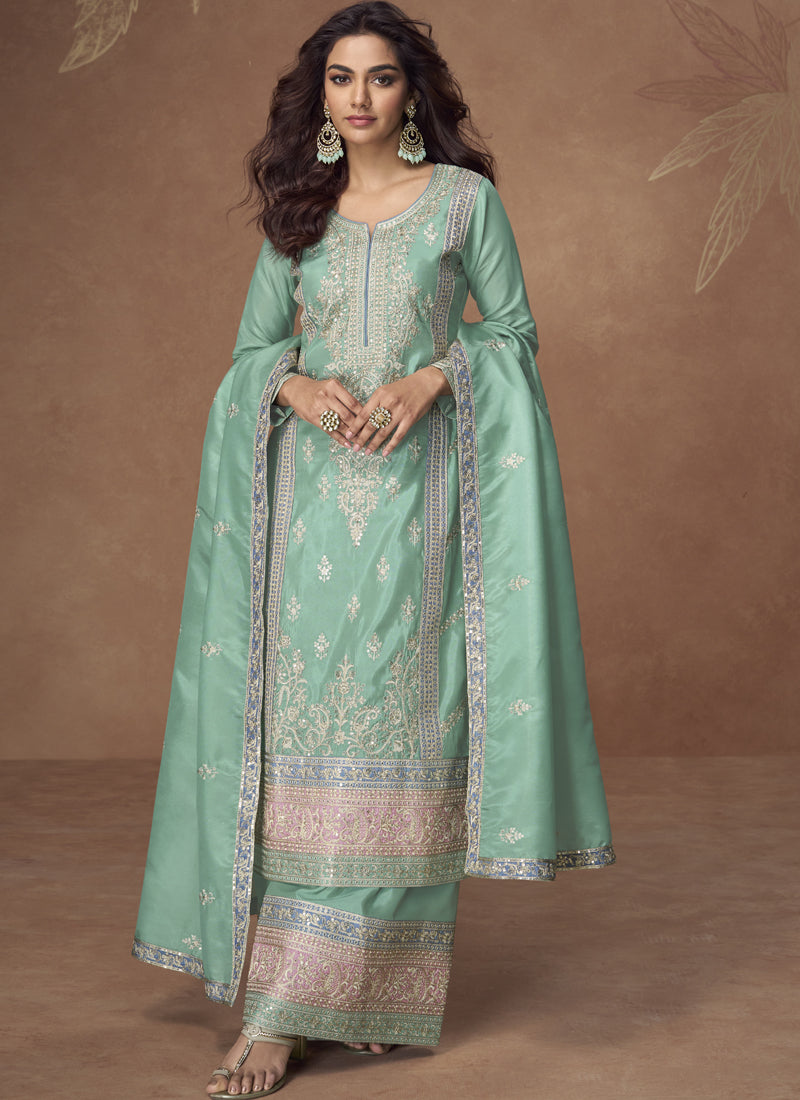 Sea Green Organza  Shimmer Silk Embroidered Palazzo Suit