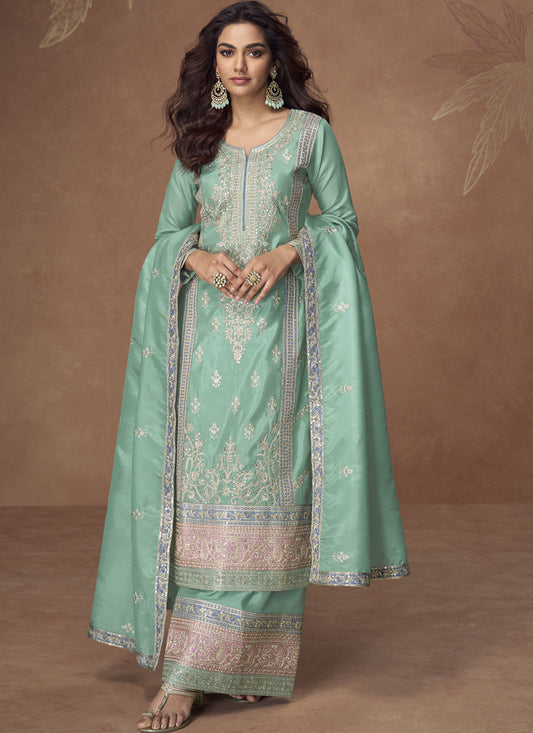 Sea Green Organza  Shimmer Silk Embroidered Palazzo Suit