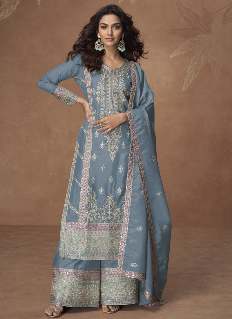 Grey Organza  Shimmer Silk Embroidered Palazzo Suit