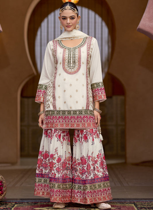 White Chinon Silk Embroidered Sharara Suit