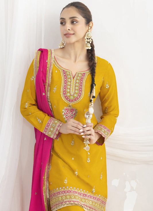 Yellow Chinon Silk Embroidered Designer Salwar Suit