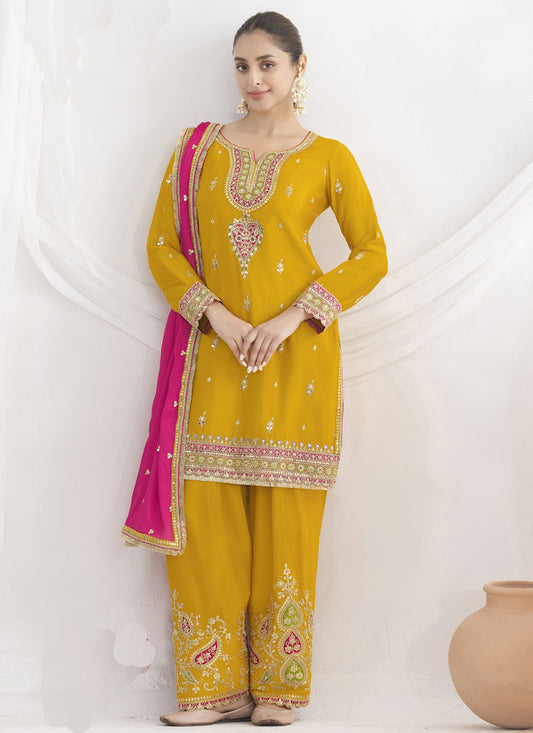 Yellow Chinon Silk Embroidered Designer Salwar Suit