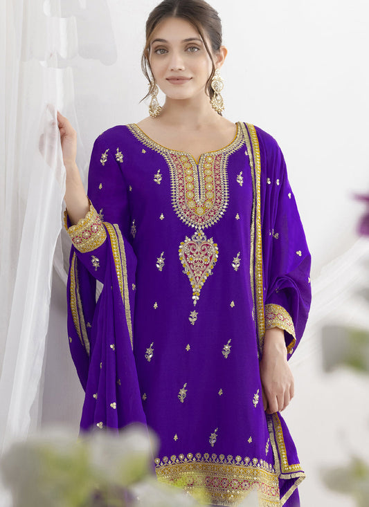 Violet Chinon Silk Embroidered Designer Salwar Suit
