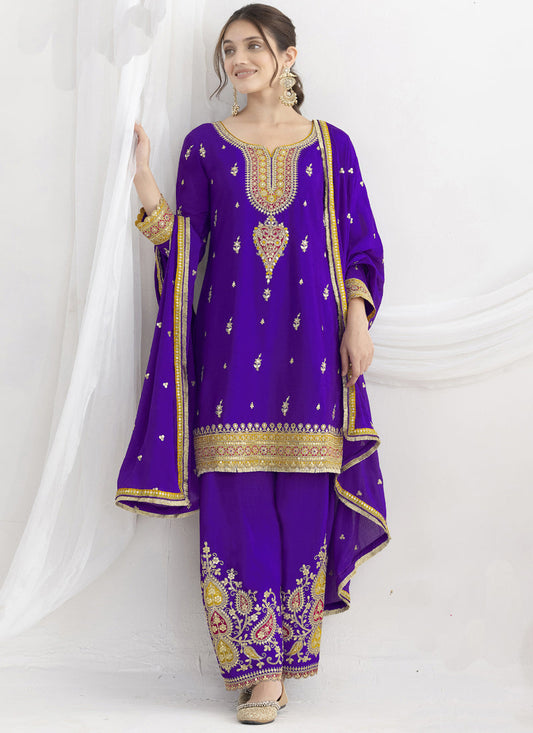 Violet Chinon Silk Embroidered Designer Salwar Suit