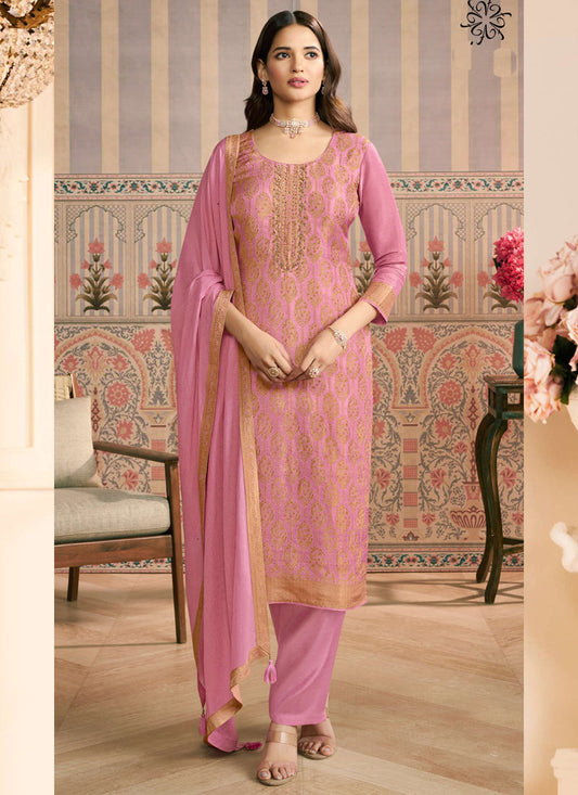 Light Pink Jacquard Silk Handwork Designer Salwar Suit