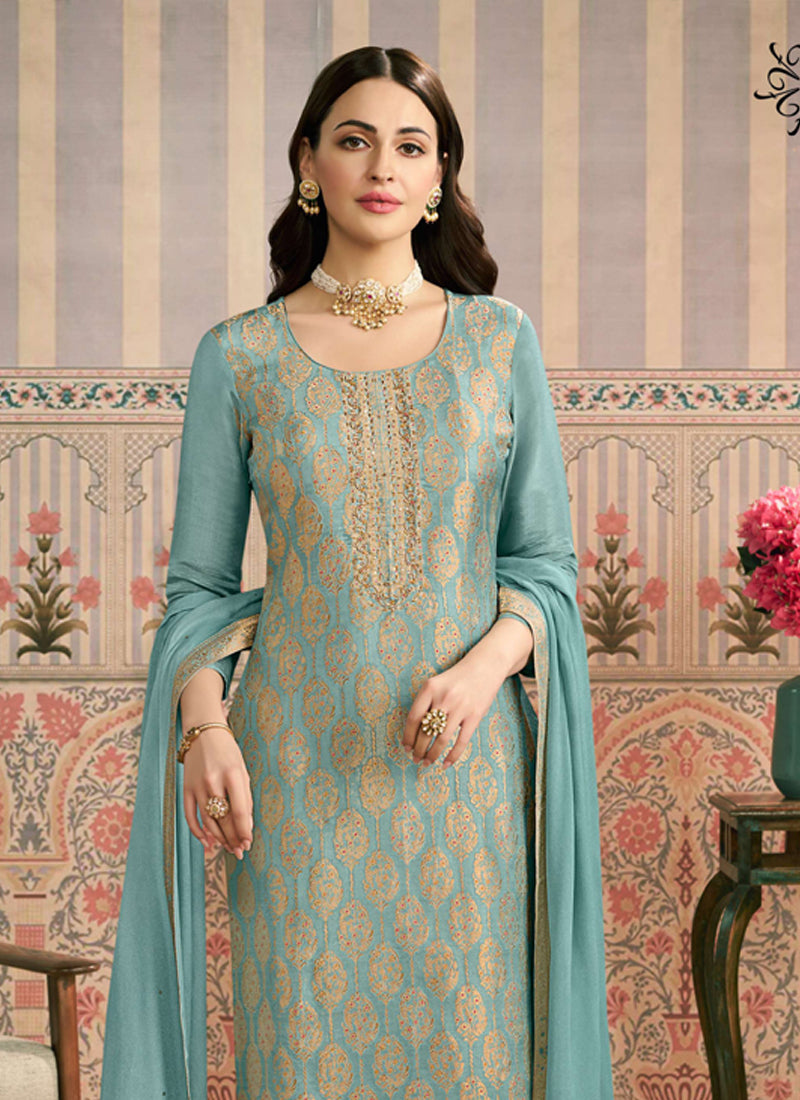 Light Blue Jacquard Silk Handwork Designer Salwar Suit