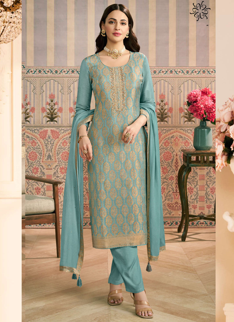 Light Blue Jacquard Silk Handwork Designer Salwar Suit
