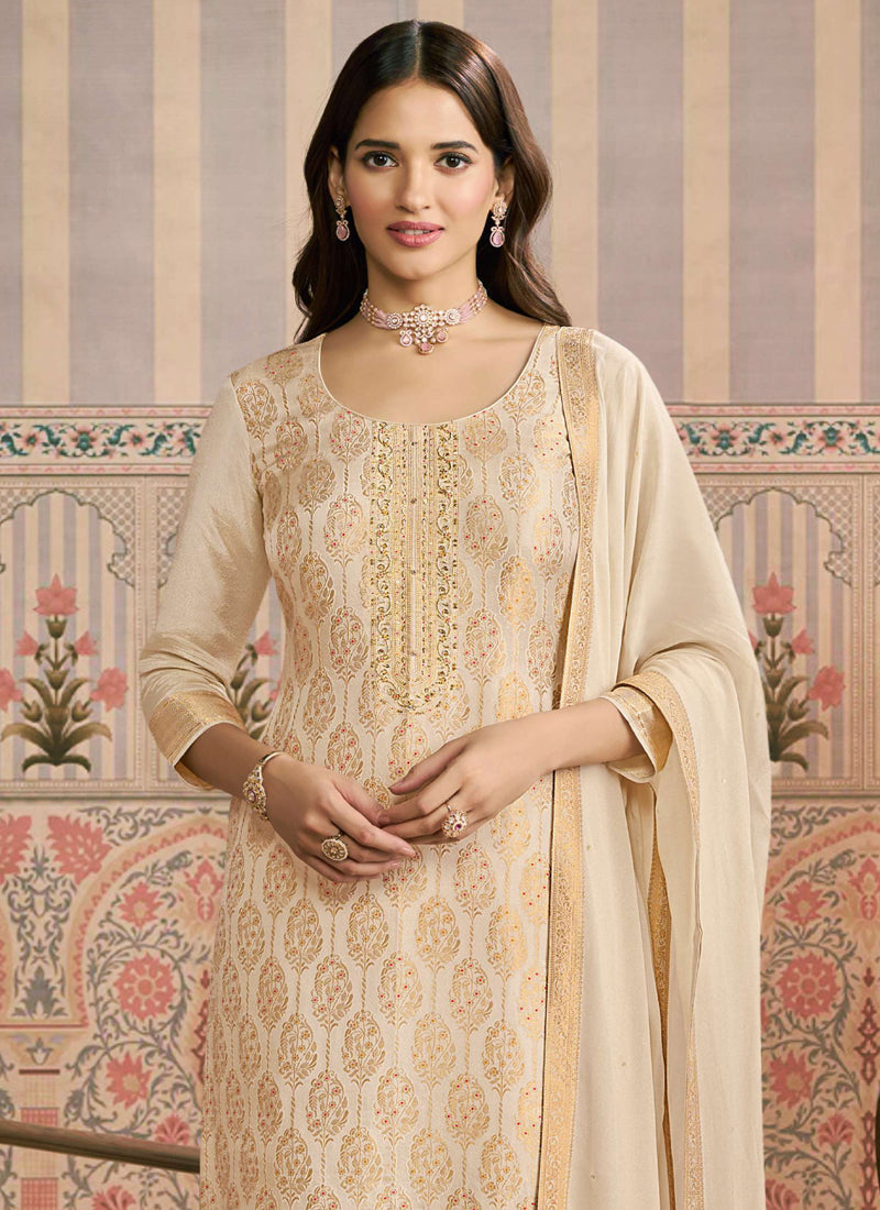 Off White  Jacquard Silk Handwork Designer Salwar Suit