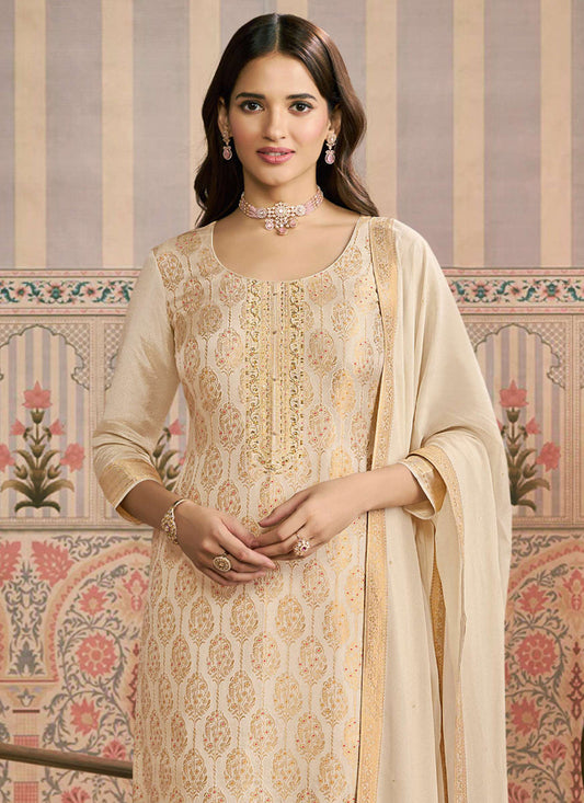 Off White  Jacquard Silk Handwork Designer Salwar Suit
