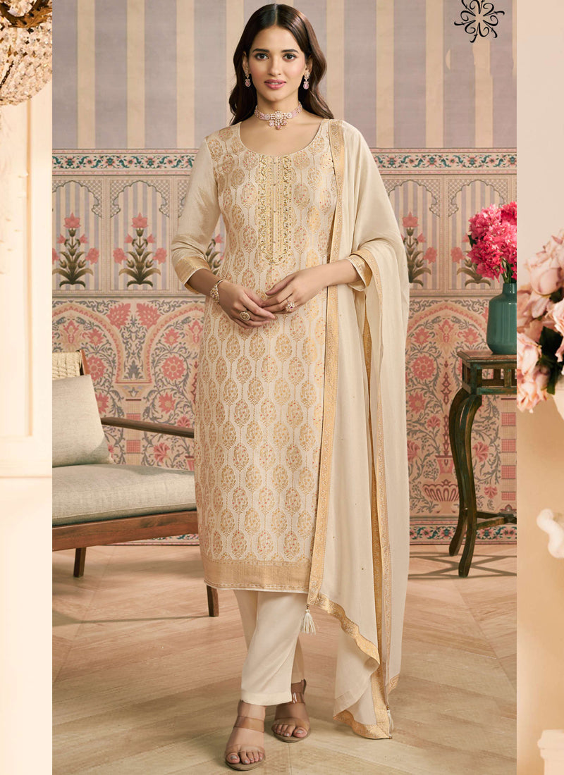 Off White  Jacquard Silk Handwork Designer Salwar Suit