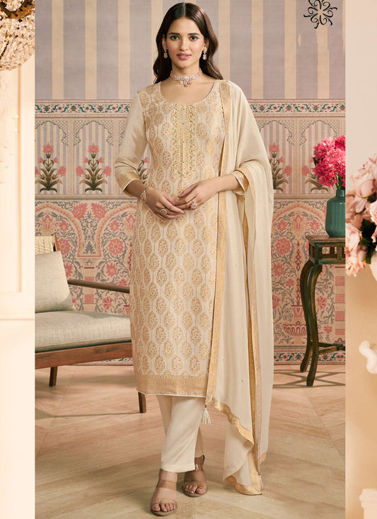 Off White  Jacquard Silk Handwork Designer Salwar Suit