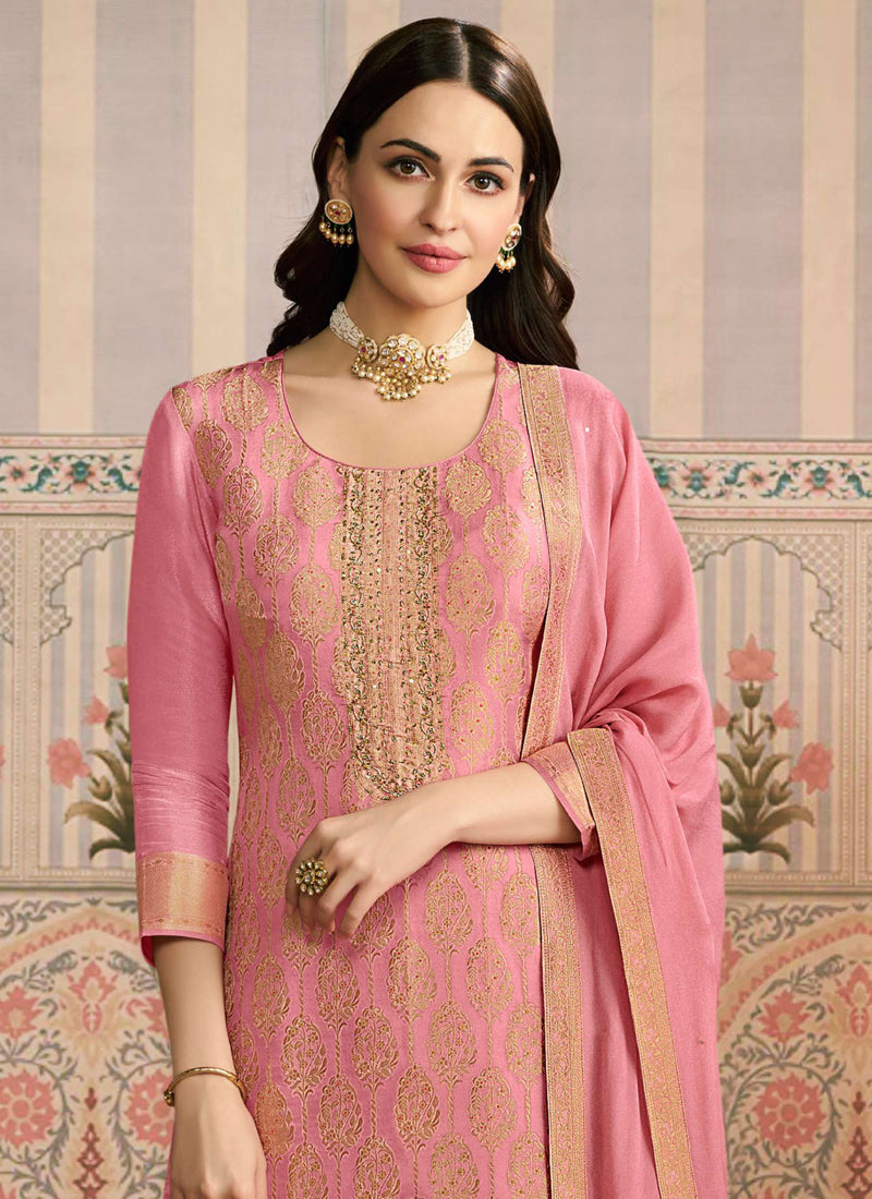 Pink Jacquard Silk Handwork Designer Salwar Suit