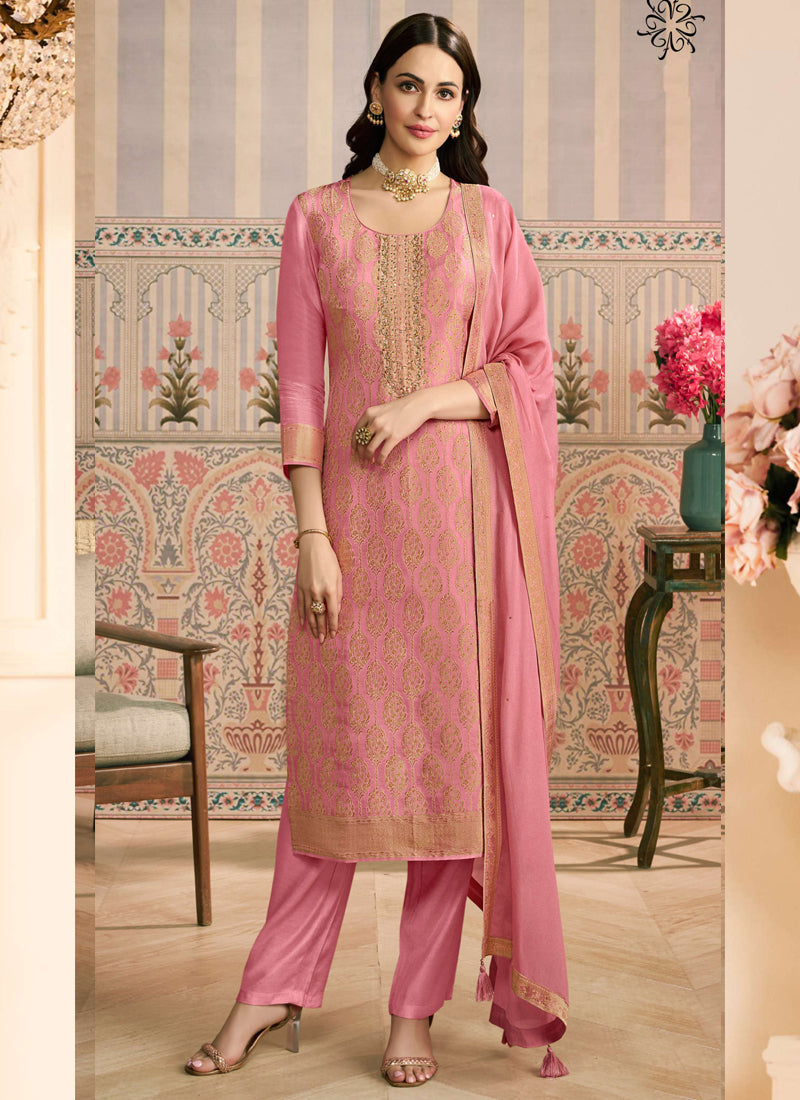 Pink Jacquard Silk Handwork Designer Salwar Suit