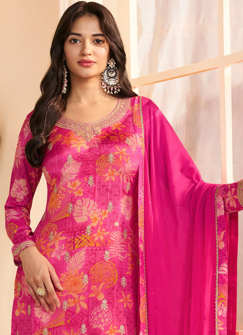 Pink Chinon Silk Embroidered Digital Print Designer Salwar Suit