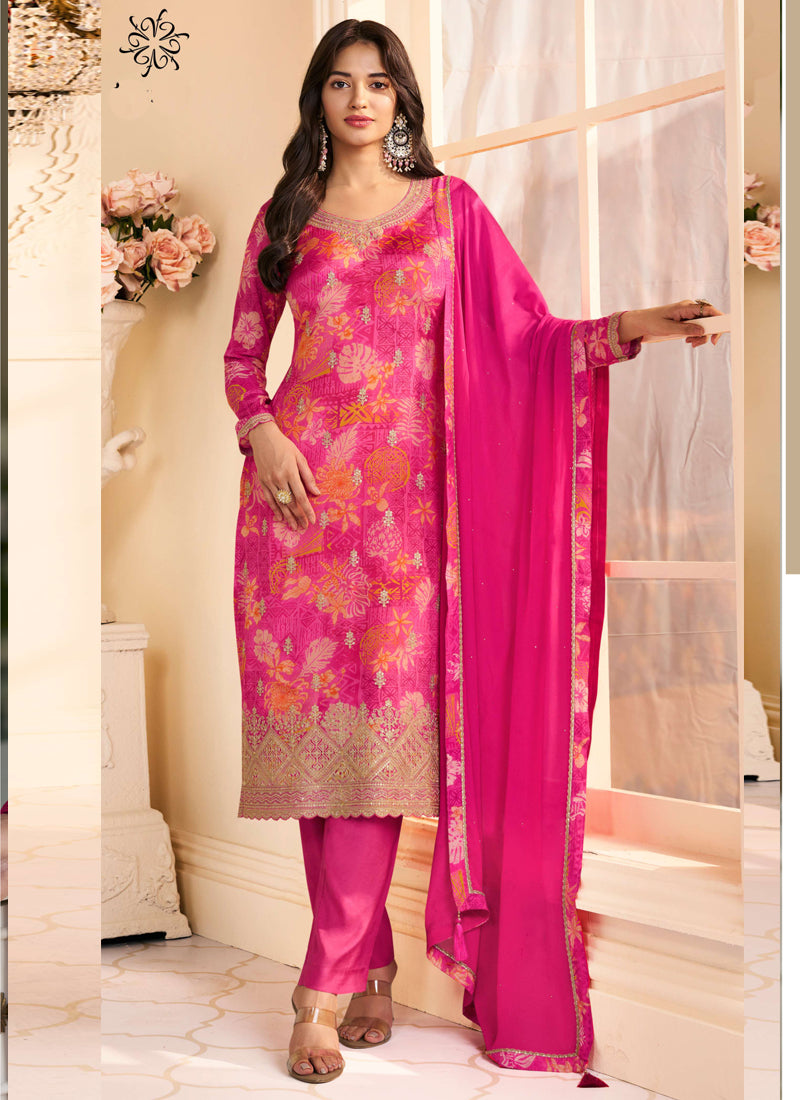 Pink Chinon Silk Embroidered Digital Print Designer Salwar Suit