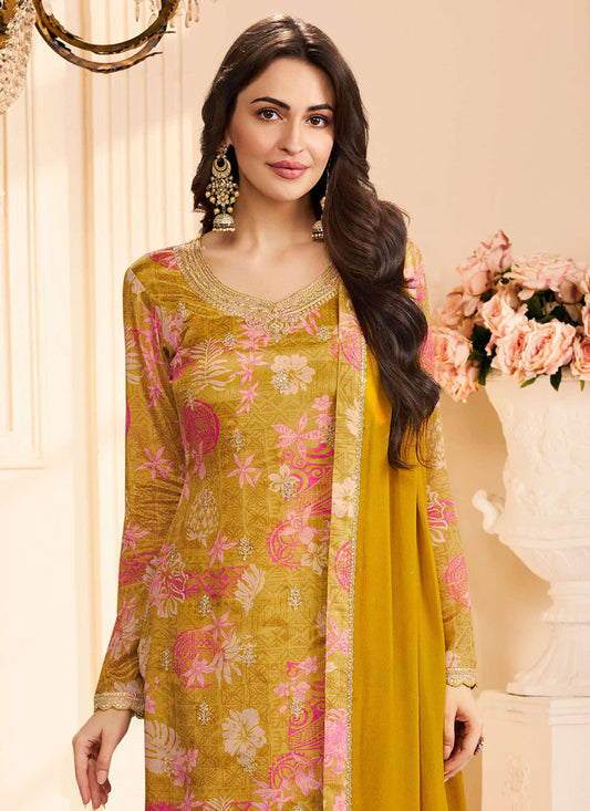 Yellow Chinon Silk Embroidered Digital Print Designer Salwar Suit