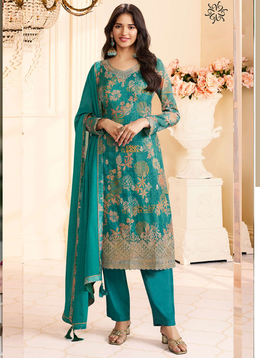 Turquoise Chinon Silk Embroidered Digital Print Designer Salwar Suit