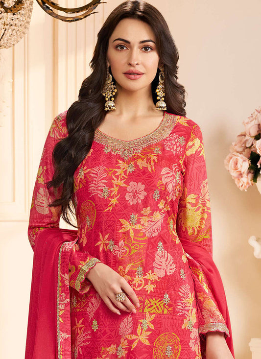 Red Chinon Silk Embroidered Digital Print Designer Salwar Suit