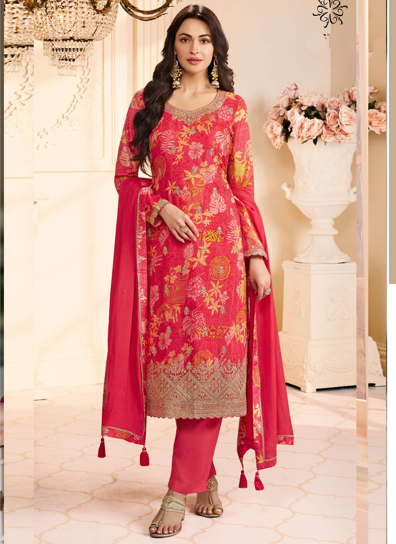 Red Chinon Silk Embroidered Digital Print Designer Salwar Suit