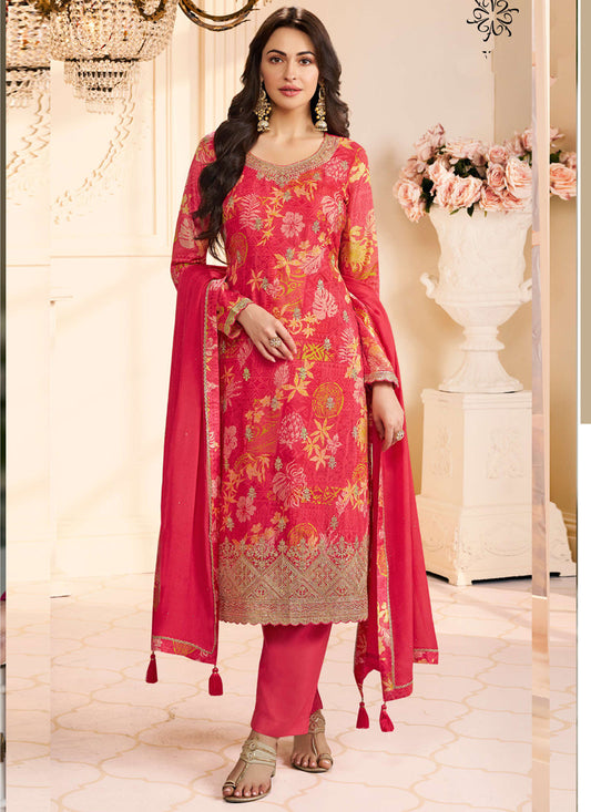 Red Chinon Silk Embroidered Digital Print Designer Salwar Suit