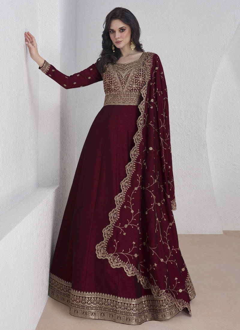 Maroon Vichitra Silk Sequence Anarkali Suit