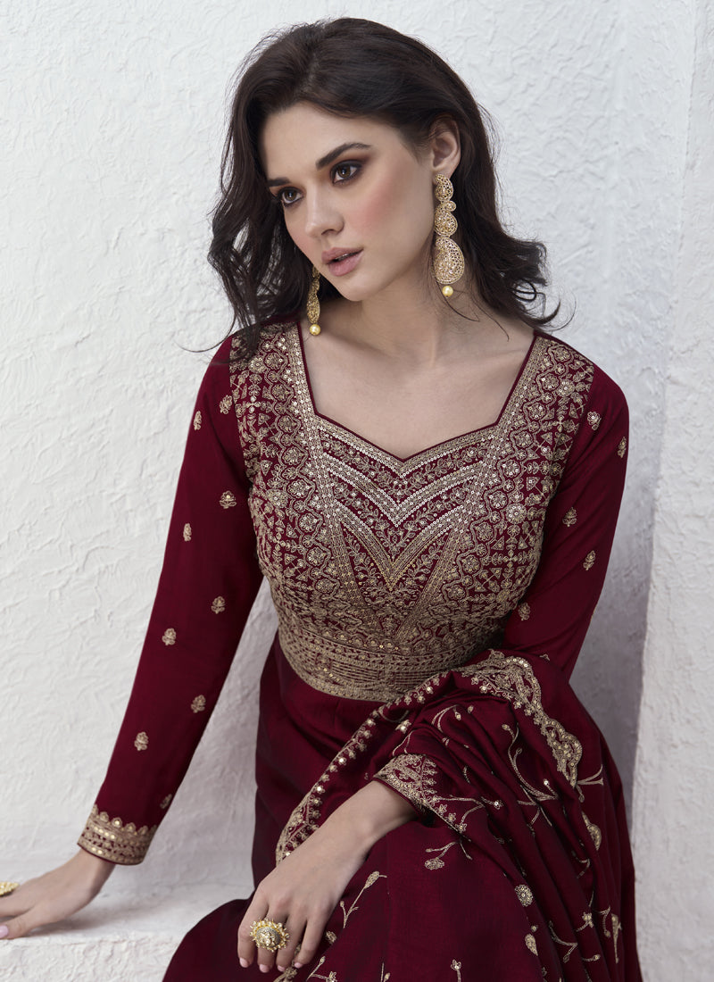 Maroon Vichitra Silk Sequence Anarkali Suit