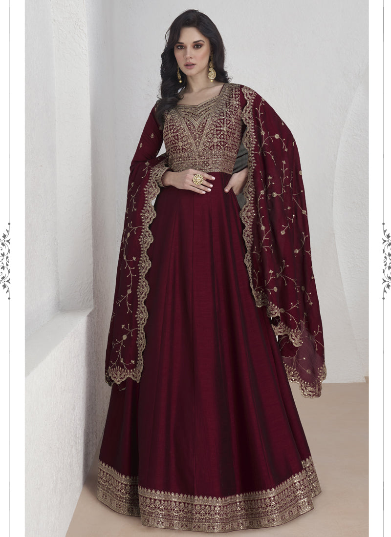 Maroon Vichitra Silk Sequence Anarkali Suit