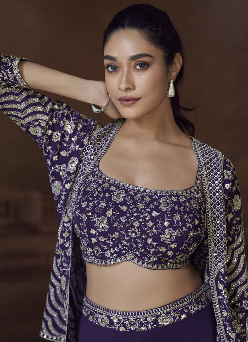 Violet Real Chinon Silk Embroidered Jacket Style Palazzo Suit