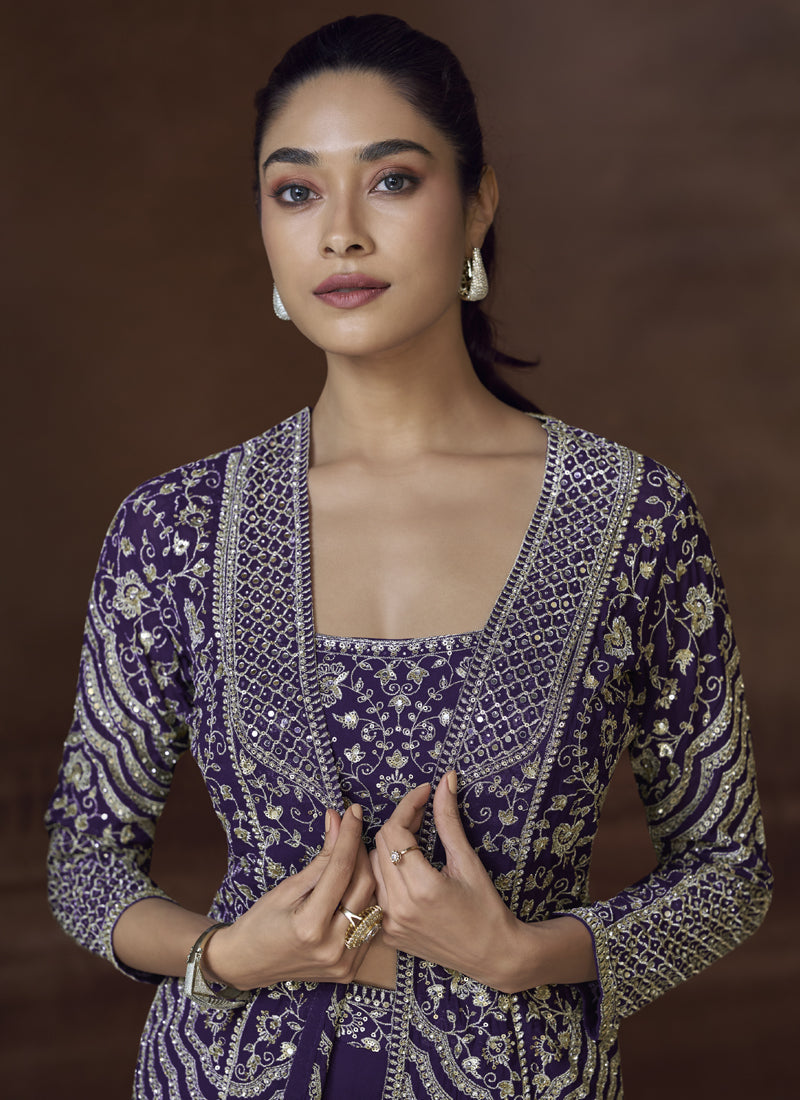 Violet Real Chinon Silk Embroidered Jacket Style Palazzo Suit