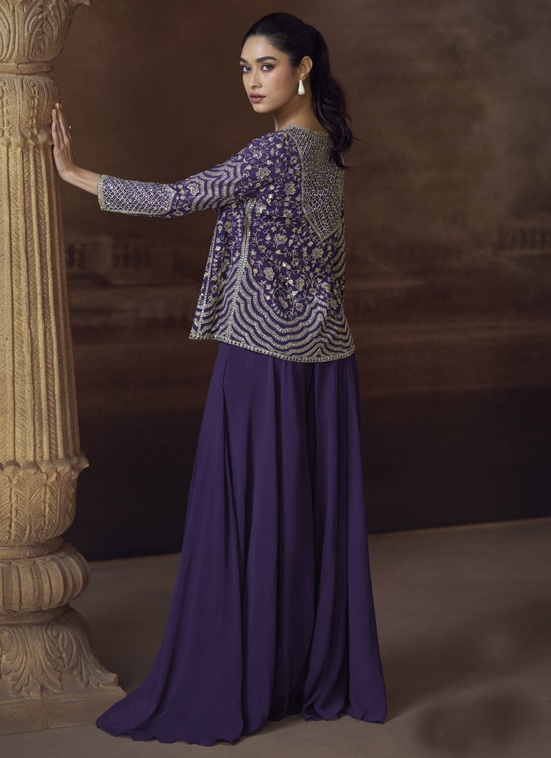 Violet Real Chinon Silk Embroidered Jacket Style Palazzo Suit