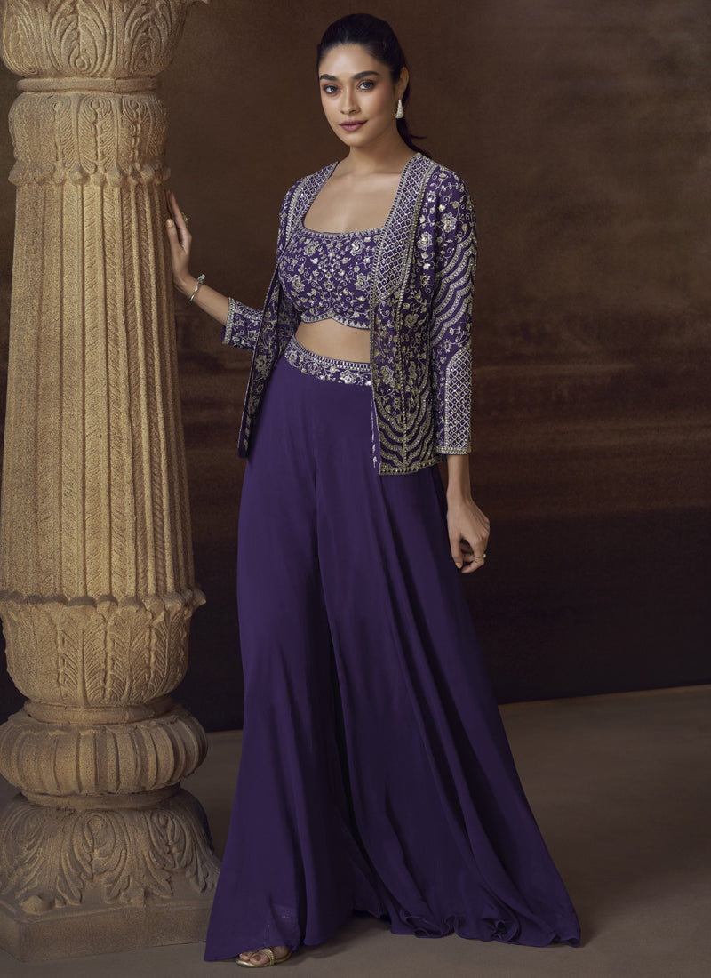 Violet Real Chinon Silk Embroidered Jacket Style Palazzo Suit
