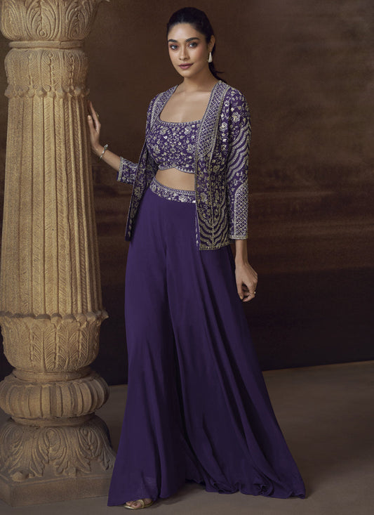 Violet Real Chinon Silk Embroidered Jacket Style Palazzo Suit