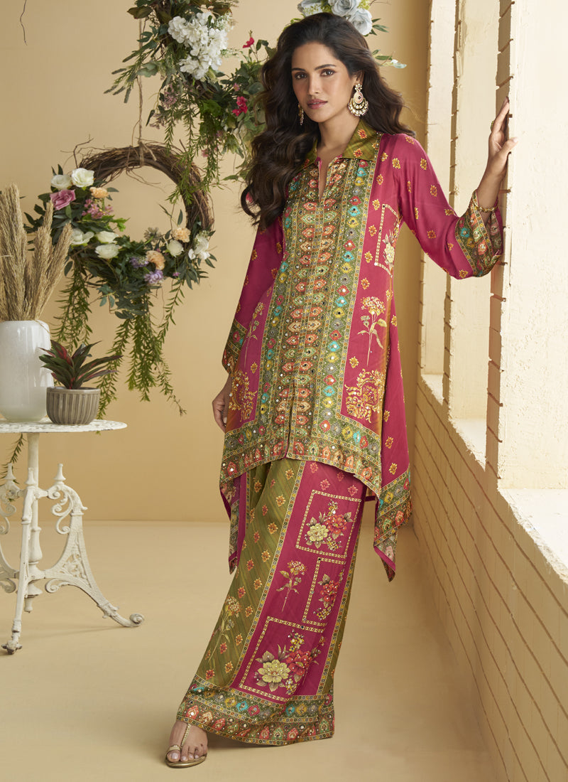 Pink Crepe Silk Embellished Mirror Work Designer Co-Ord Set