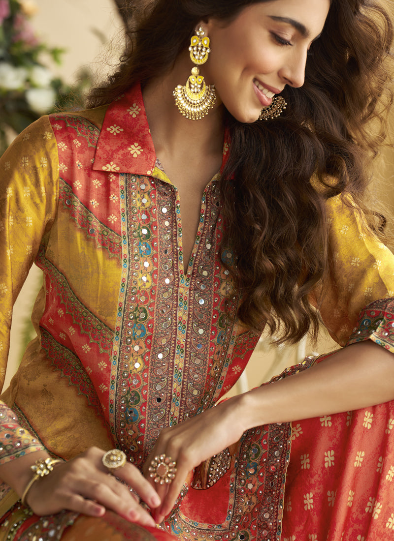 Yellow Crepe Silk Embellished Mirror Work Designer Co-Ord Set